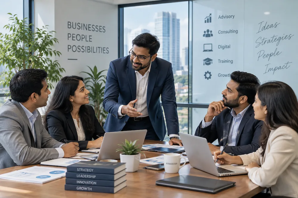 Consultant leading a strategy discussion with an SME board