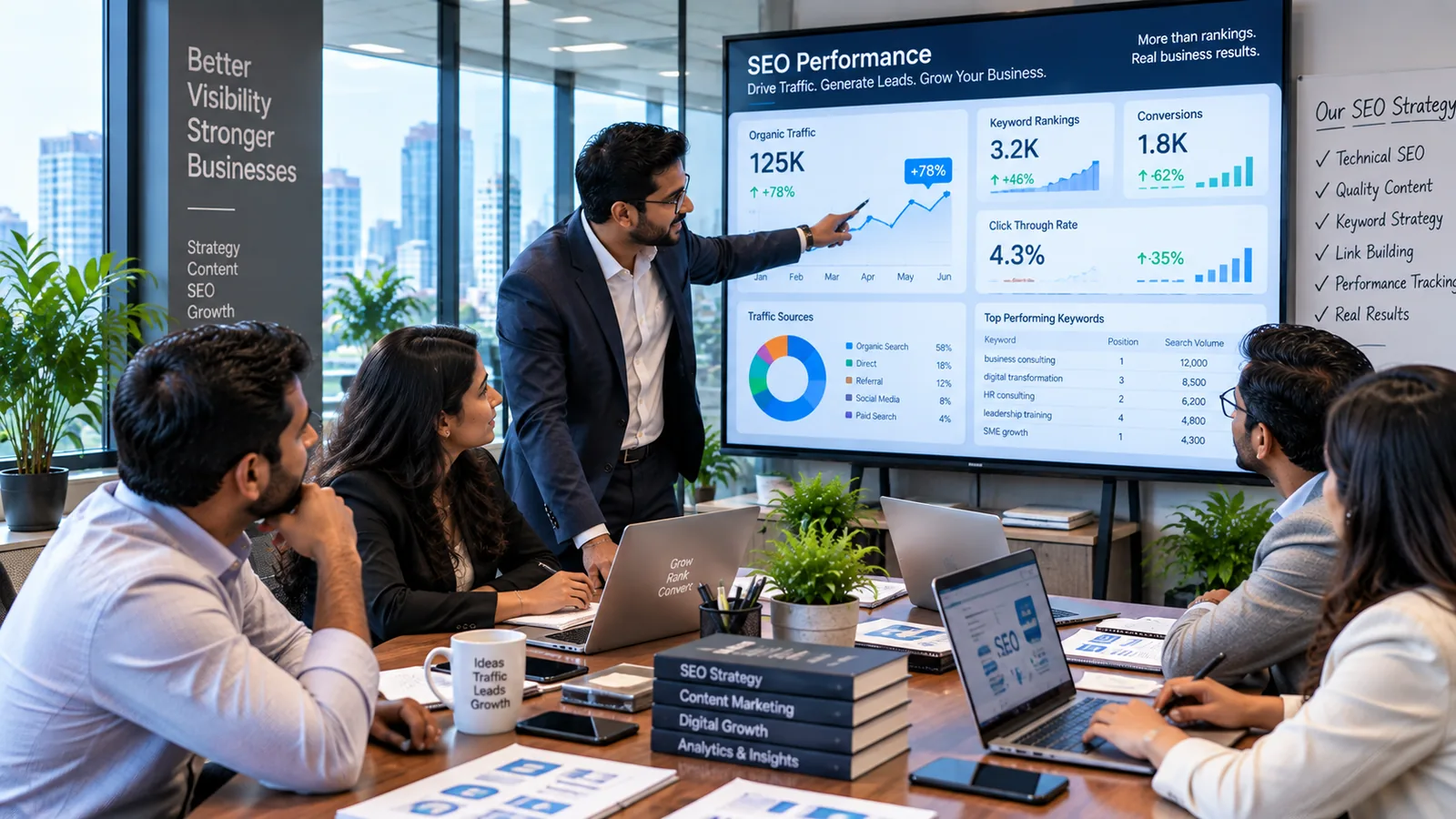 Team reviewing digital performance dashboards